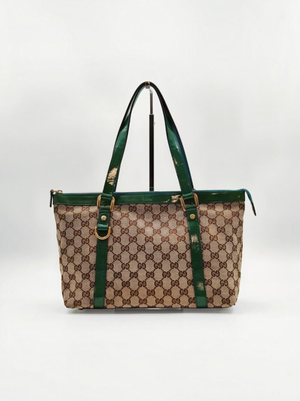 Gucci GG Canvas Zip Tote Bag Beige Ebony Green Patent Leather Shoulder Bag